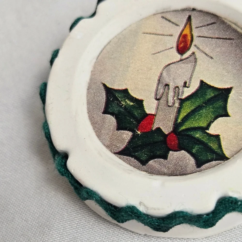 Handmade Candle & Holly Christmas Ornament White Green‎ 1.75